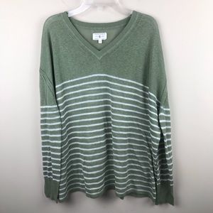 LOU & GREY Green Linen Striped Light Knit Sweater
